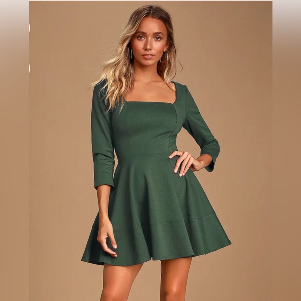 Lulus Spinning Around Hunter Green Three-Quarter Sleeve Skater Dress Size Small